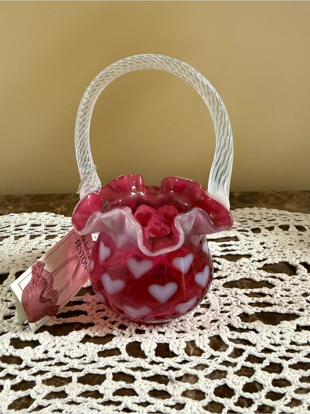 Fenton 1992 Cranberry Opalescent Heart Optic Glass Basket 6.5”